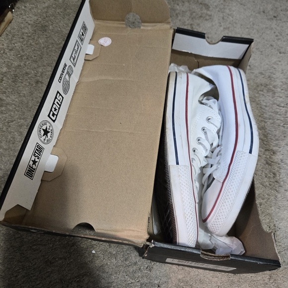 Converse White Sneakers with Red and Blue Stripes - Picture 1 of 9